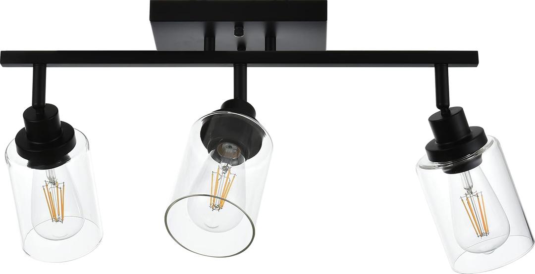 MELUCEE 3 Light Bathroom Vanity Light Black Track Lighting Fixtures Ceiling, Vanity Lighting Fixtures with Rotatable Track Head for Hallway Porch Foyer Bath Storage, Clear Glass Shade