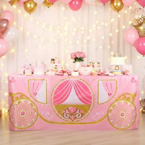Oudain 6ft Princess Birthday Party Decorations Princess Rectangle Fitted Tablecloth Cosplay Themed Party Supplies Washable Fabric Polyester Tablecloth Pink Table Cover for Birthday Decorations