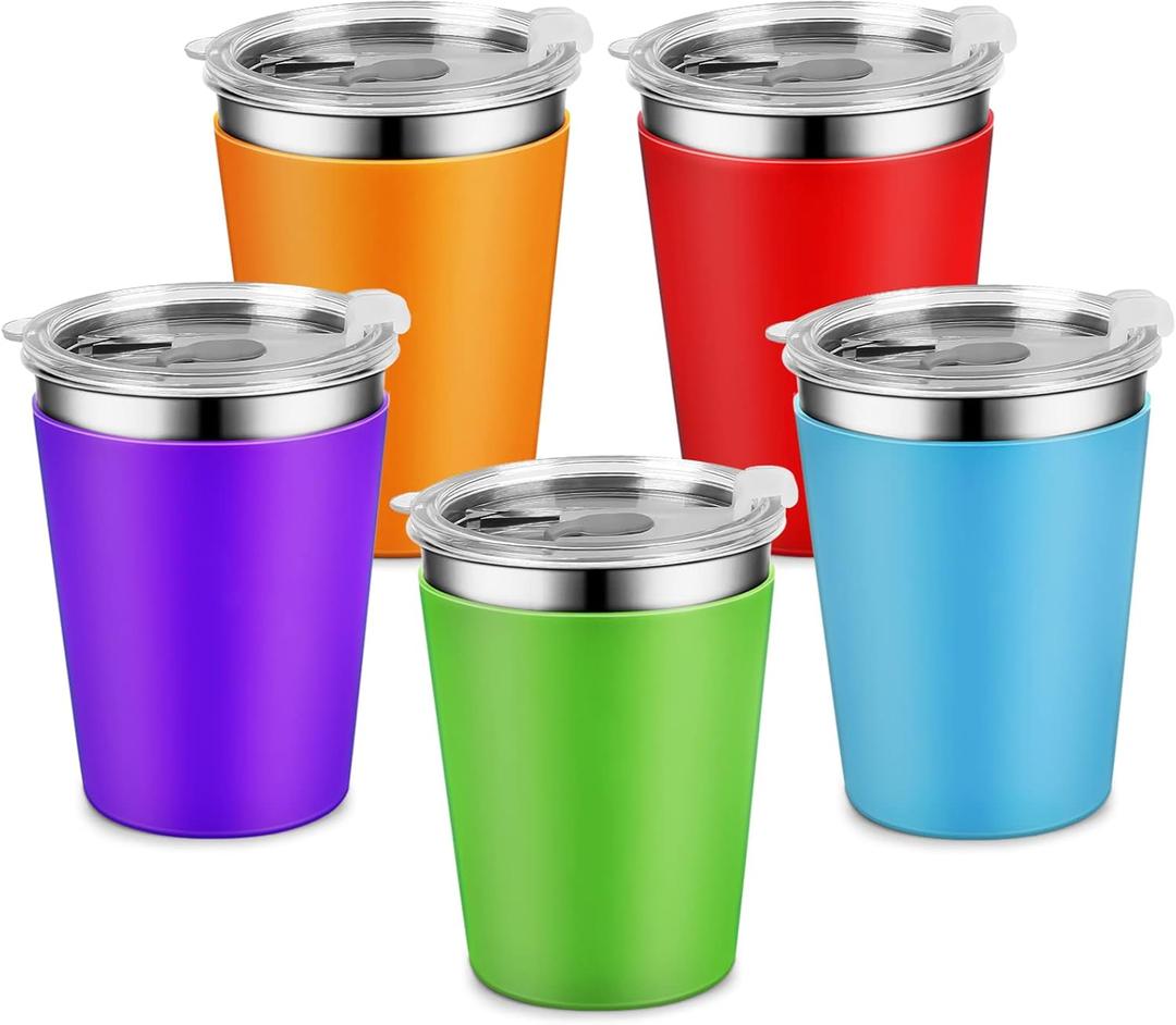 Yummy Sam 5 Pack Kids Cups with Lids 12oz Stainless Steel Water Drinking Bottle with Non-Slip Heat Insulation Full Sleeves for Children Adult School Outdoor Home Use (Multicolor without Straw)