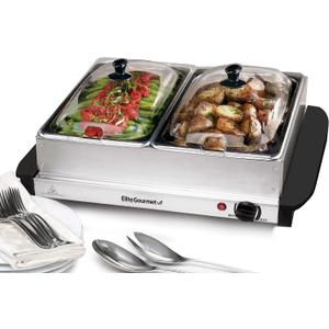 Elite Gourmet EWM-6122 Dual 2 x 2.5 Qt. Trays, Buffet Server, Food Warmer Temperature Control, Clear Slotted Lids, Perfect for Parties, Entertaining & Holidays, 5 Qt Total, Stainless Steel