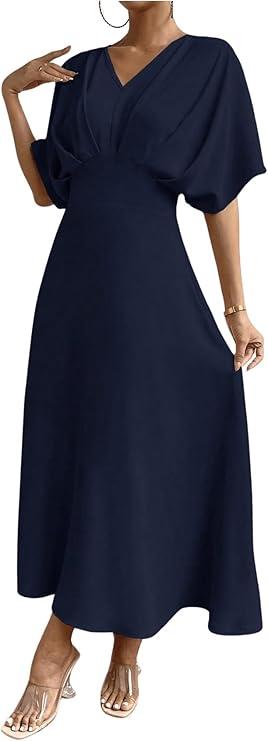 Floerns Women's V Neck Half Sleeve Ruched Cocktail Evening A Line Long Dress L