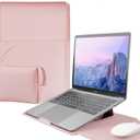 4-in-1 Laptop Sleeve with Stand and Mouse Pad, Faux Leather Protective Case with Accessory Pouch for 15-16 Inch Laptops, Pink
