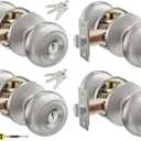 4 Pack Keyed Entry Door Knob Set, All Keyed Same Exterior and Interior Stainless Steel Door Locks, Satin Nickel Front/Entrance Door Knobs Handle