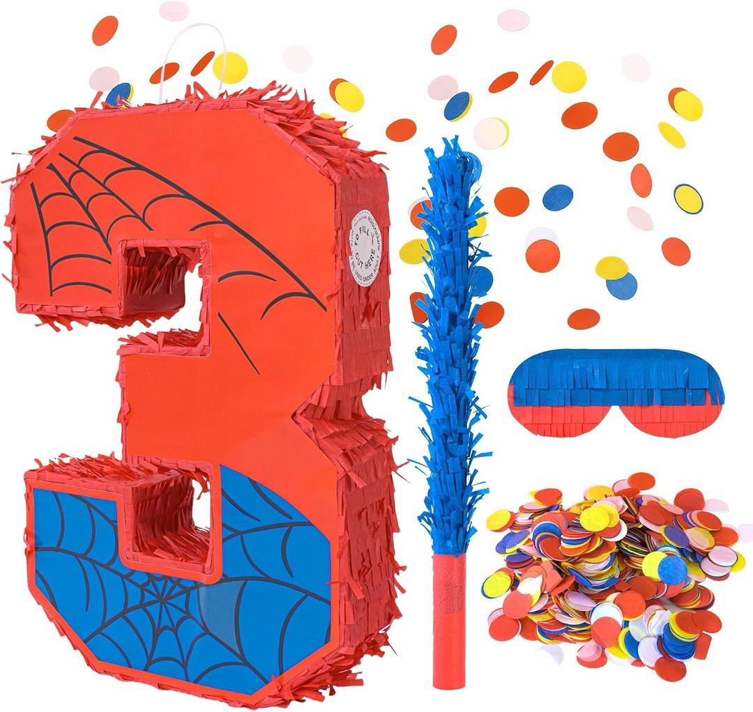 Number 3 Birthday Pinata for Kids, Spider Theme Pinata 16 Inch with Stick, Blindfold & Confetti, Superhero Party Decorations for Boys and Girls (3th)