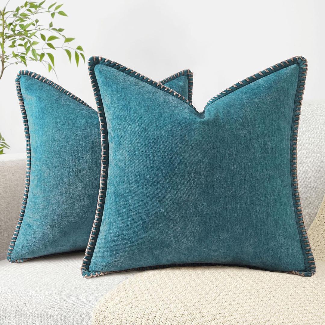 decorUhome Summer Chenille Soft Cozy Throw Pillow Covers 18x18 Set of 2, Modern Farmhouse Boho Velvet Decorative Pillow Cases with Stitched Edge for Couch Sofa Bed Home Decor, Teal