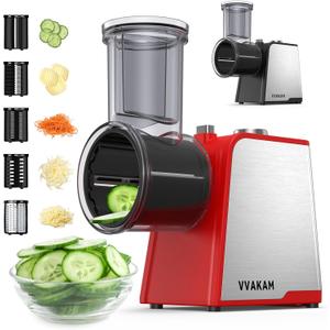 Electric Cheese Grater, 300W DC Motor Rotary Cheese Grater with 5 Different Shapes of Blades, Vegetable Cutter for Potato, Nuts, Kitchen Chopper with Non-slip Suction Base, Red