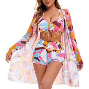 Yknktstc Womens 3 Pieces Bikini Set Swimsuit Tropical Beach Cover up Kimono Swimwear Bathing Suit with Boy Shorts (X-Large)