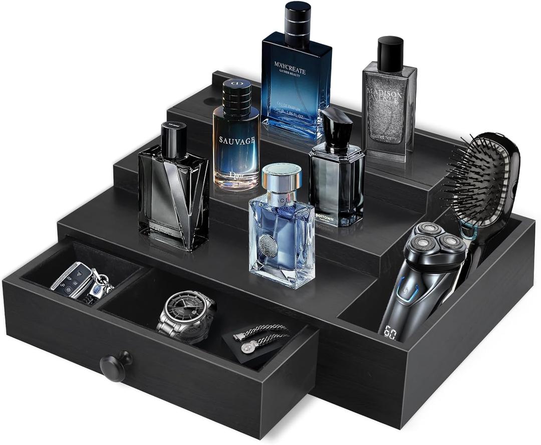 Cologne Stand Organizer for Men, 3 Tier Cologne Display Shelf with Velvet Lining Drawer and Compartments for Watch, Jewelry, Perfume Display Risers for Cologne, Great Gift for Father