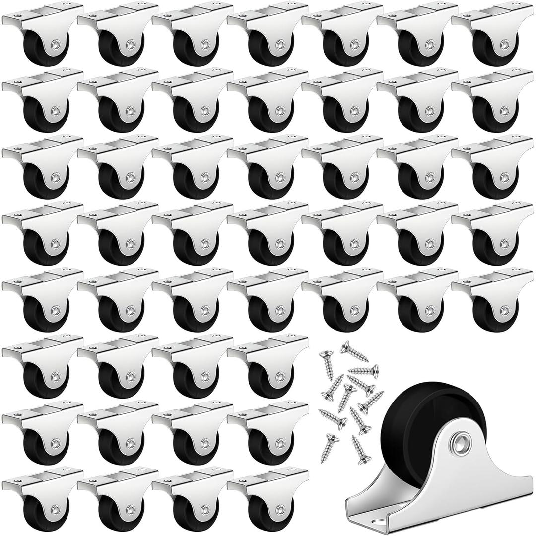 Maitys 48 Pcs 1" Small Casters Wheels Mini Rigid Non Swivel Fixed Castor Wheels with Metal Top Plate for Furniture, Small Appliances with Screws(Black)