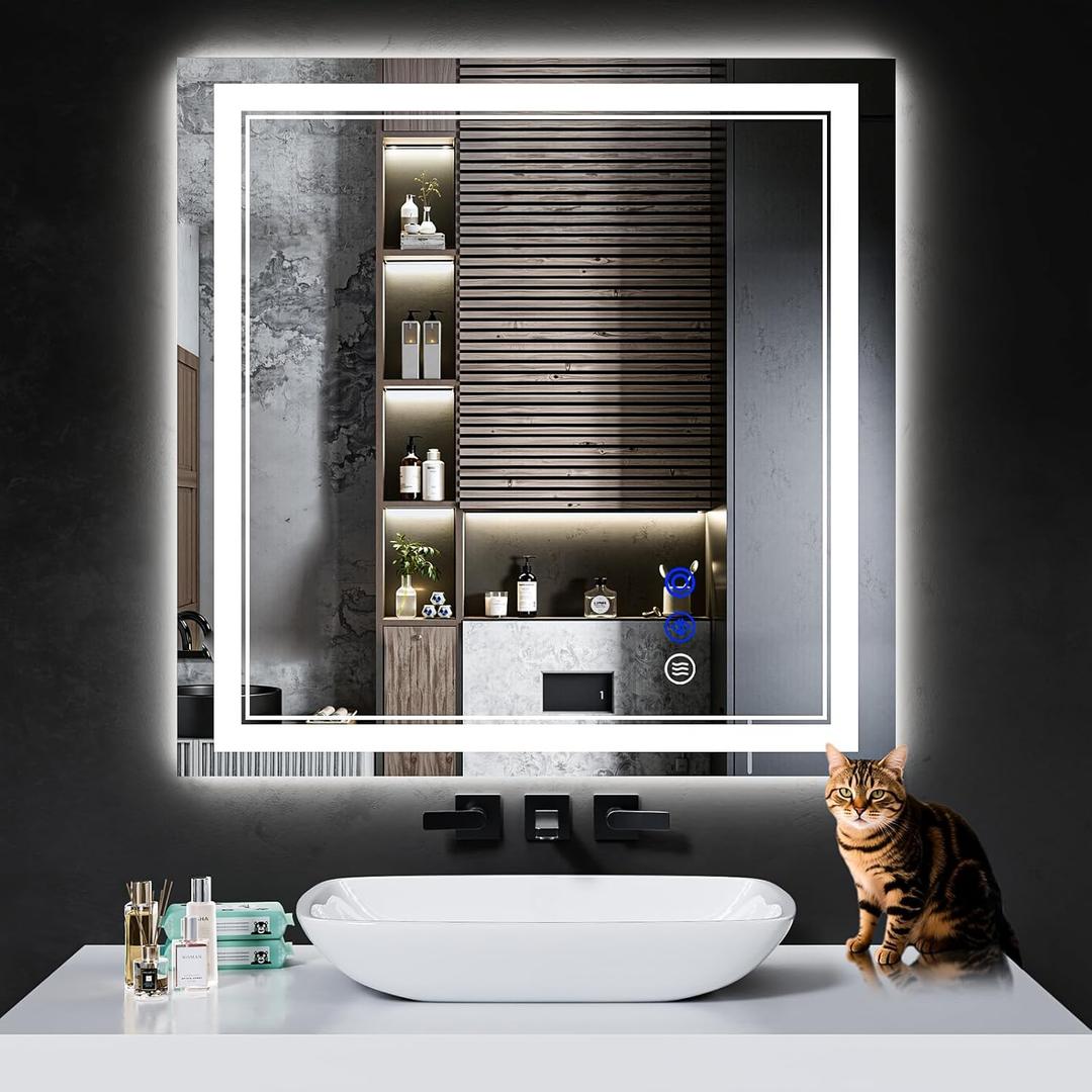 30"x30" LED Bathroom Mirror with Anti-Fog, Stepless Dimmable Lights, 3 Color Modes, Shatter-Proof Tempered Glass,Waterproof Design