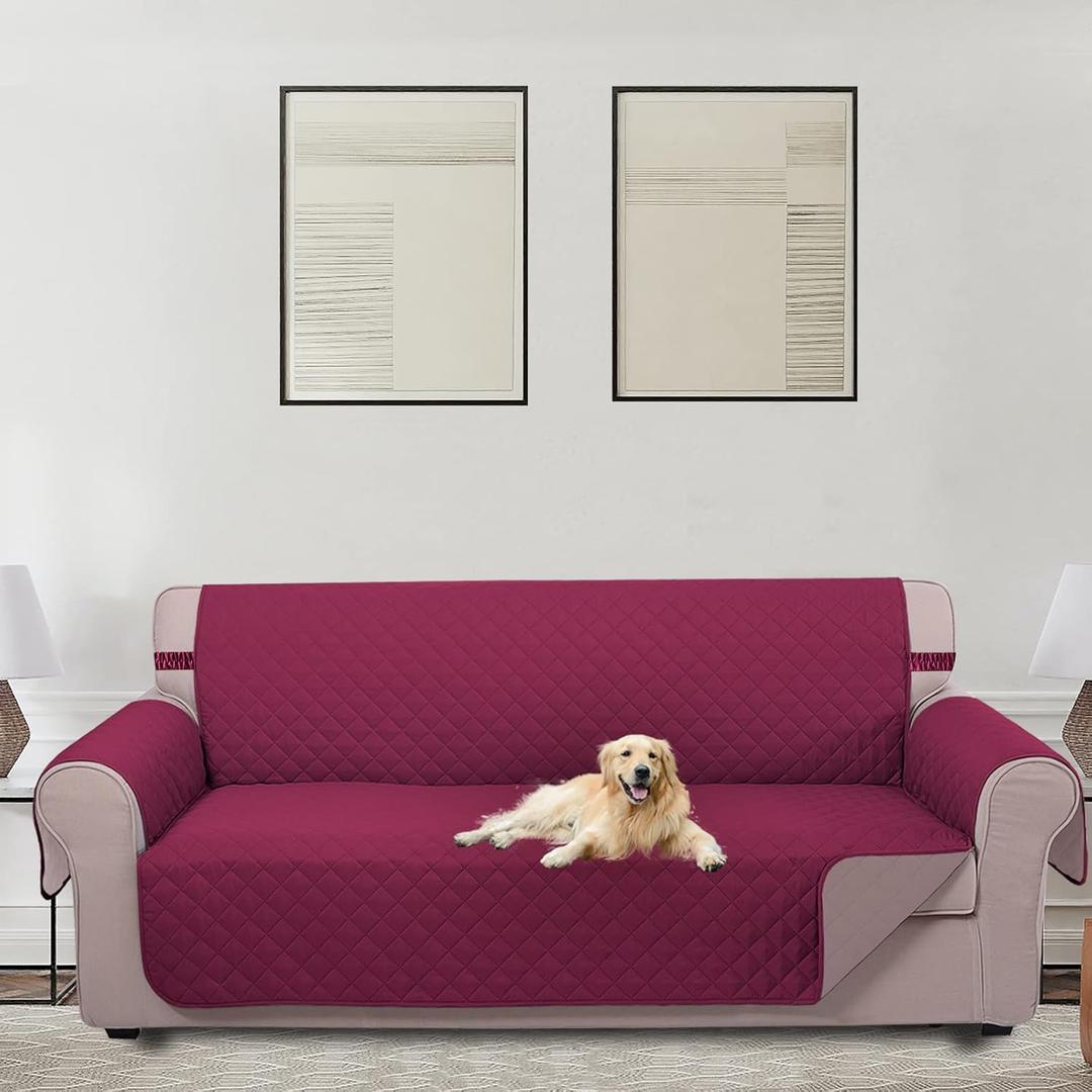 U-NICE HOME Large Sofa Cover Reversible Couch Cover for Dogs with Elastic Straps Water Resistant Furniture Protector for Pets Couch Cover for 4 Cushion Couch (Oversized Sofa, Burgundy/Tan)