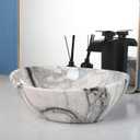 White Marbling Bathroom Vessel Sink With Black Faucet And Drain 16"x13" Oval Vessel Sink Ceramic Basin Bowl White Black Marble Bathroom Sinks Above Counter Bowl Sinks For Bathroom, 16x13x5.5 inches