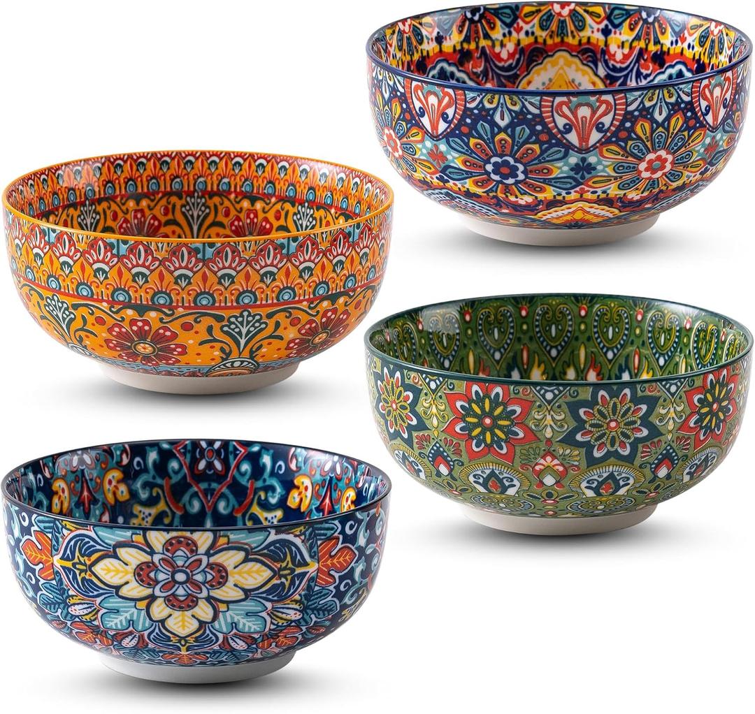 Porcelain Bowl Set of 4, 24 oz, 6 Inche Deeply Bohemia Bowl Set Large Ceramic Bowl Spaghetti Bowl, for Salad Pasta Soup Cereal Oatmeal Fruit, Microwave & Dishwasher Safe Gift Handmade-Style Print
