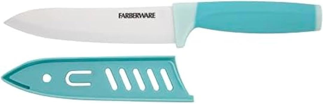 Farberware Ceramic Chef Knife with Custom-Fit Blade Cover, Razor-Sharp Kitchen Knife with Ergonomic, Soft-Grip Handle, Dishwasher-Safe, 6-inch, Aqua