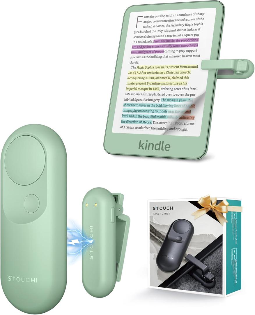 Page Turner for Kindle, Stouchi 2 in 1 Green Magnetic Paperwhite Oasis Scribe Kobo Clicker Accessories Wireless Remote Control for iPhones, iPads, Tablets Camera Video Record Shutter Selfie