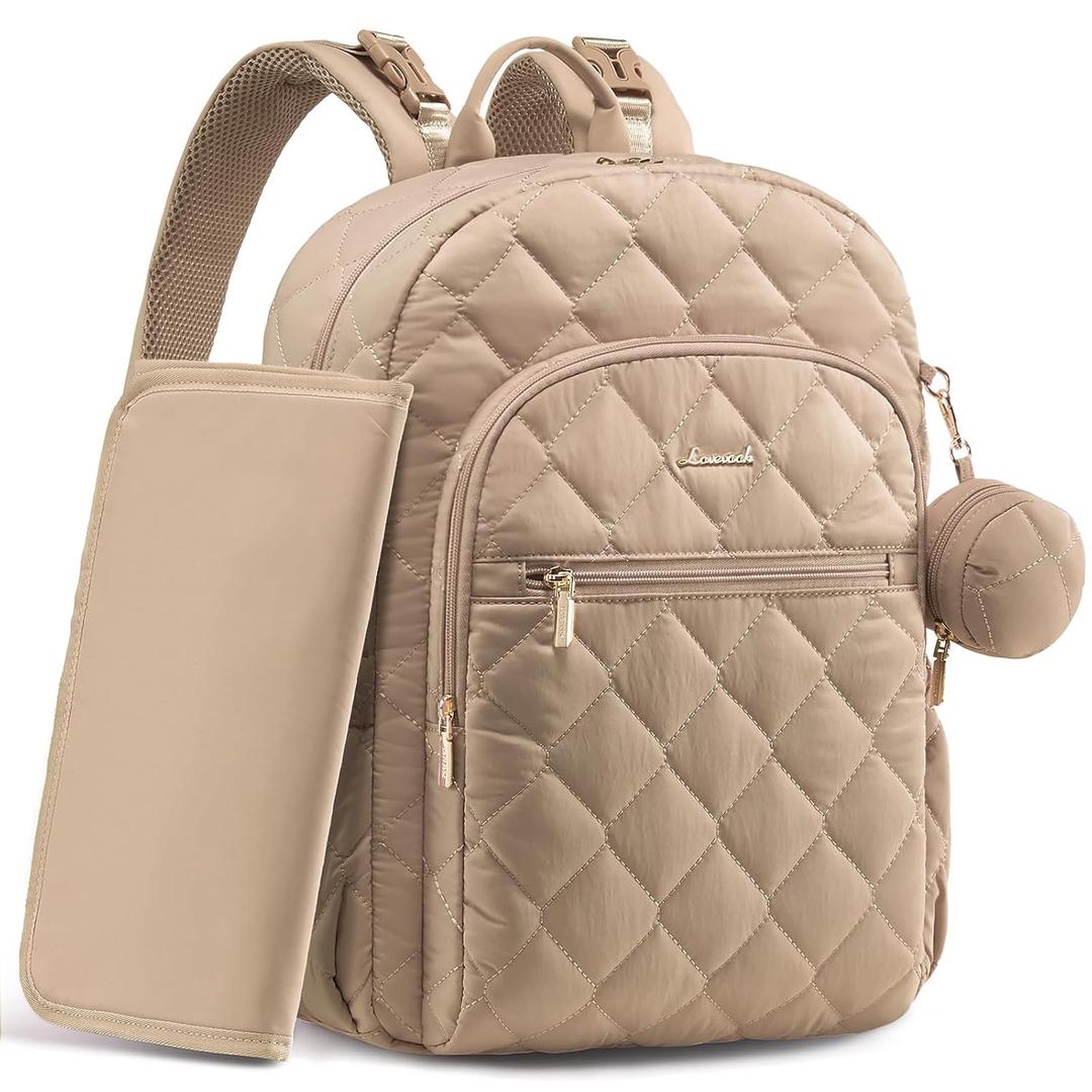 LOVEVOOK Diaper Bag Backpack,Puffer Quilted Baby Diaper Bag with Insulated Pockets,Travel Diaper Backpack for Boys Girls with Changing Pad,Water-Resistant Baby Bag for Mom Dad,Khaki