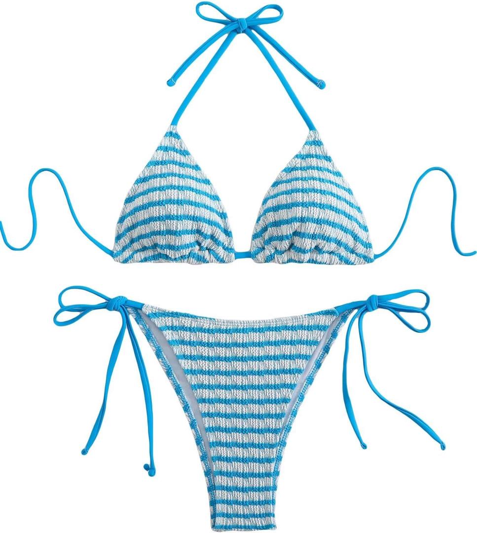 Women's Striped Halter Bathing Suit High Waisted Triangle Colorblock Swimsuit Bikini Set (Medium, Blue)