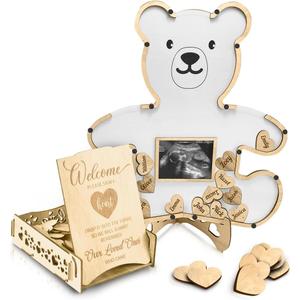 The Real Bossy Baby Teddy Bear Baby Shower Decorations - We Can Bearly Wait - Guest Book Alternatives - Woodland Creatures - Includes Wooden Heart Tokens and Box - Centerpiece - Nursery Ultrasound Photo Frame (White)