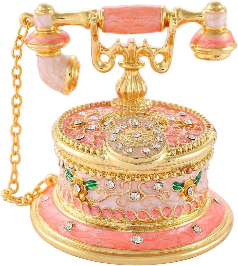 QIFU Hand Painted Pink Telephone Style Enameled Jewelry Trinket Box with Hinged Unique Gift for Home Decor