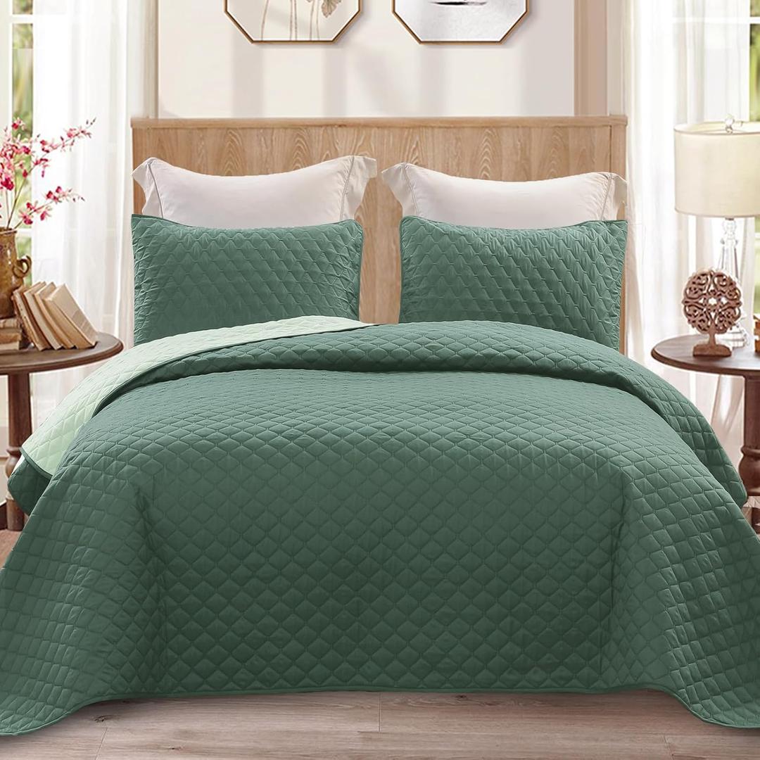 Exclusivo Mezcla Reversible Full Queen Quilt Bedding Set with Pillow Shams, Lightweight Quilts Queen Size, Soft Bedspreads Bed Coverlets for All Seasons - (Dark Green, 90"x96")