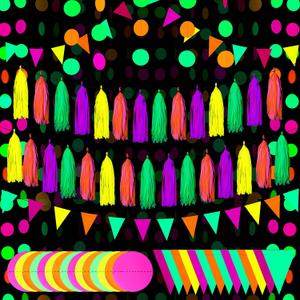 88 Pcs Glow Neon Party Supplies Including Neon Paper Garland 20 Pieces Paper Tassels Garland and Triangle Flags Bunting for Birthday Wedding Black Light Reactive UV Glow Party Decorations
