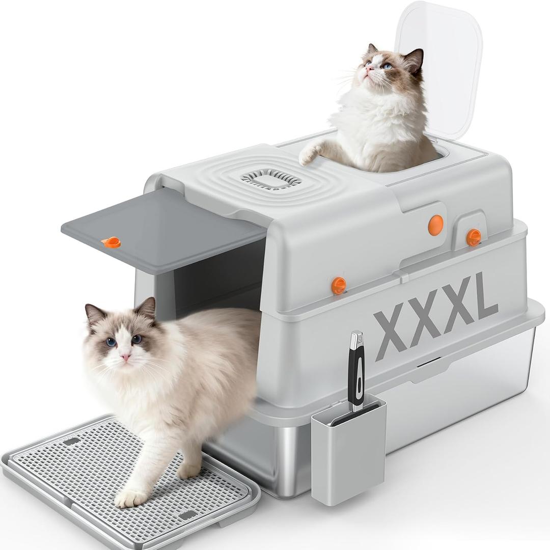 Soulbond XXXL Stainless Steel Litter Box with Lid, 27.5" L x 19.7" W x 16.5" H Large Covered Metal Jumbo Cat Litter Box Enclosed for Large and Multi-Cat Families, Easy to Clean