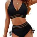 Blooming Jelly Women High Waisted Bikini Sets Tummy Control Swimsuits Color Block Two Piece Drawstring Bathing Suit (X-Large, Black Mesh)