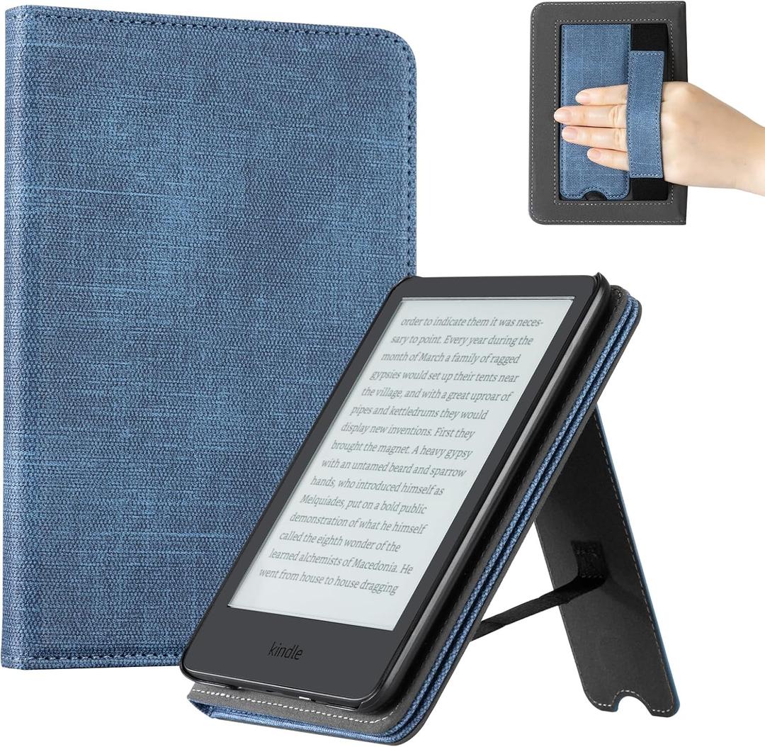 CoBak Case for 6" E-Reader - PU Leather Smart Cover with Auto Sleep/Wake & Hand Strap, not Compatible with Kobo Clara, Fabric Blue