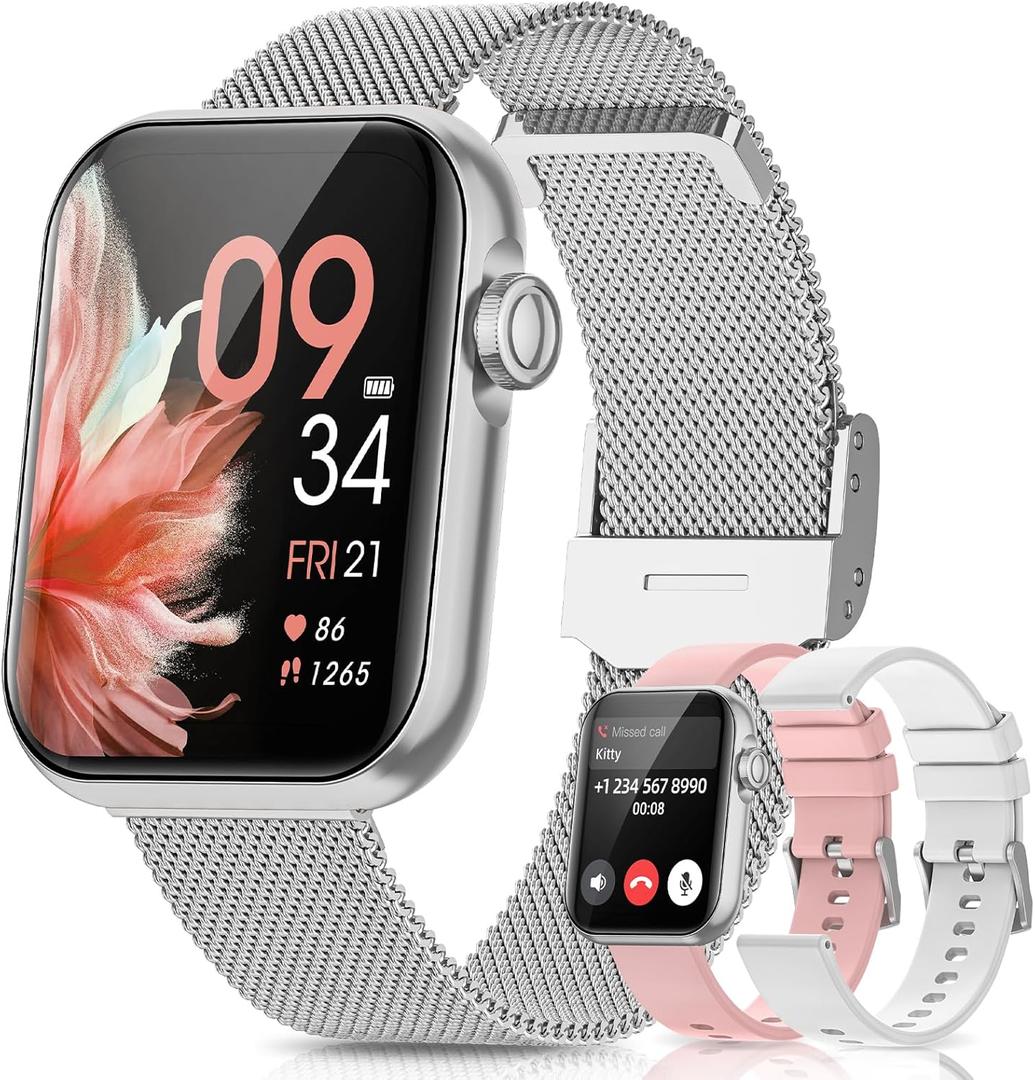 Smart Watch, 1.85" Android Smart Watches for Women, Fitness Tracker Watch with Blood Pressure/Heart Rate/Sleep Monitor, Bluetooth Smartwatch for Android/iOS Phones, Fitness Watch for Women (3 Bands)