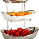 jessie 3 Tier Ceramic Fruit Bowls for Kitchen Counter with Metal Rack, Fruit Basket with Stand, Porcelain Bowls for Fruit Vegetable Bread Candy Snack Nuts (Silver and White Bowl-Silver Rack 3 Layer)