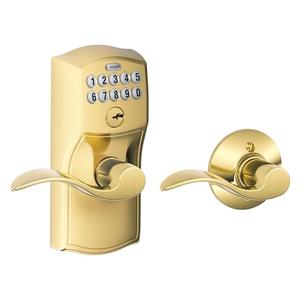 Schlage Camelot Keypad Lock with Lever Handle, Electronic Keyless Door Entry, Auto‑Lock Enabled, Bright Brass, FE575 CAM 505 ACC