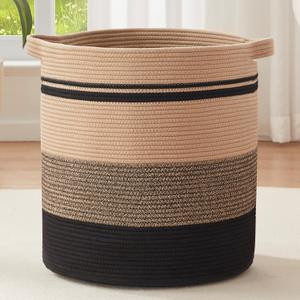 Woven Laundry Basket Hamper, 80L Tall Basket for Blanket Storage, Cotton Rope Decorative Storage for Living Room, Baby Hamper Dirty Clothes for Nursery (Black & Brown)