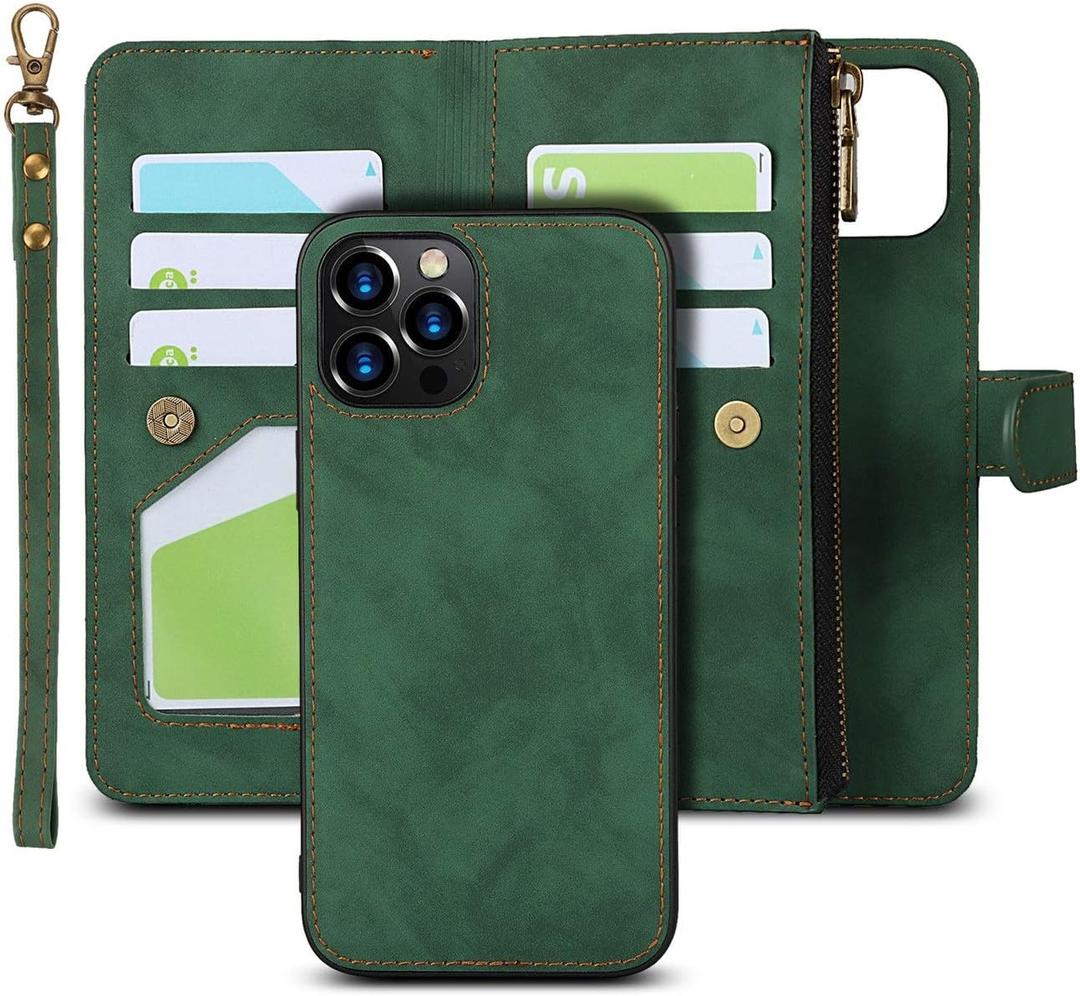 iCoverCase for iPhone 12/12 Pro Wallet Case with Card Holder and Wrist Strap, PU Leather Kickstand Card Slots Zipper Pocket Magnetic [Detachable] Flip Cover Case 6.1 Inch (Green)