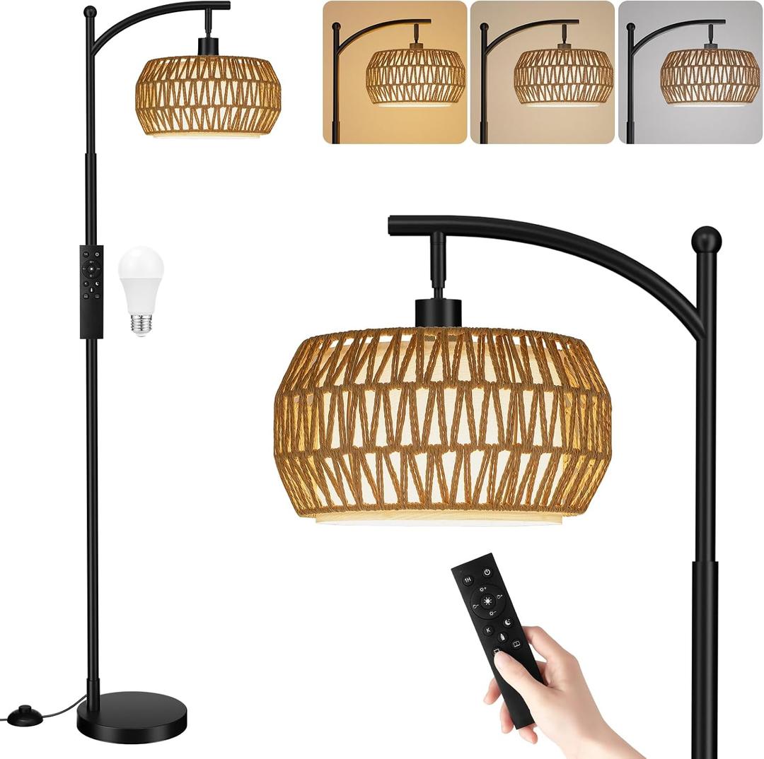 Ambimall Arc Floor Lamp for Living Room with Remote, Color Temperature & Brightness Adjustable, Bohemia Standing Lamp with Rattan & Fabric Double Drum Shades, Bulb Included(Black)