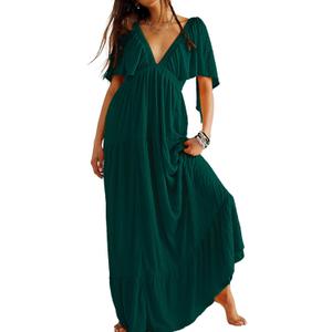 Kikibell Women Summer Dresses Sexy V-Neck Maxi Dress Tiered Silhouette with Flutter Sleeve Backless Elastic Waist Flowy Dress (Small, Dark Green)