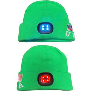 LED Beanie Hat with Rechargeable Front Light & Rear Red Safety Light - 3 Brightness Modes - USB Charging - Warm Acrylic Winter Cap with USA Logo for Running, Camping, Outdoor Work - Neon Green