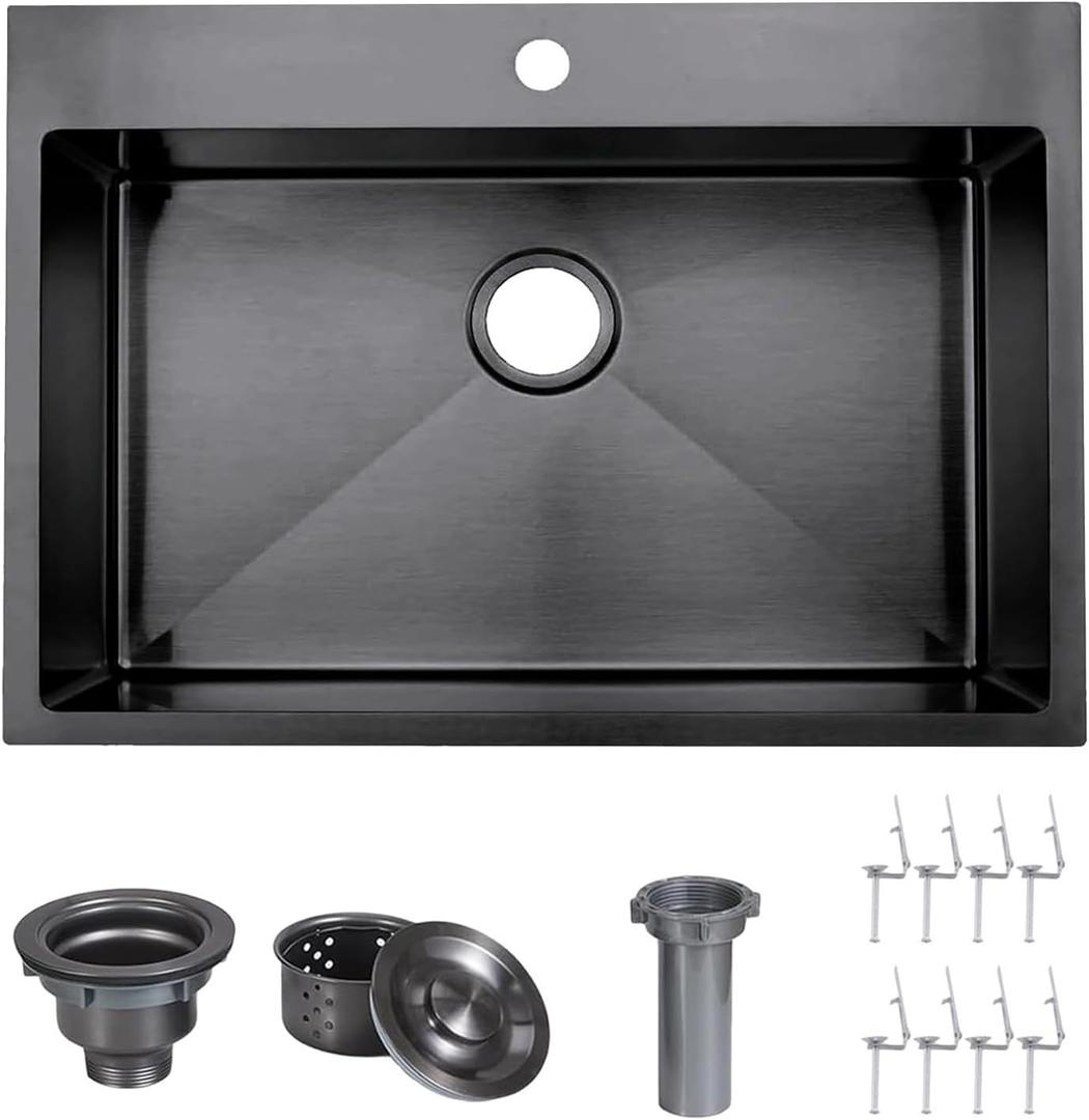 28 Inch Black Drop In Kitchen Sink, 28x18 Inch Gunmetal Black Top Mount Stainless Steel Handmade 9 Inch Deep Single Bowl Basin with Drain Strainer