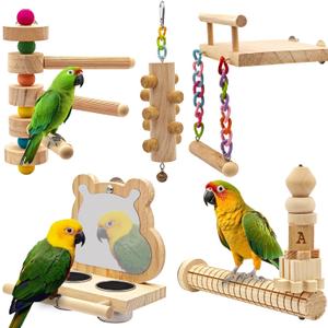 5PCS Bird Perch and Toy Set. Includes a Perch, Feeder, Swing, and Chew Toy. Hangable Natural Solid Wood Birdcage Accessories, Suitable for Small Budgies, Cockatiels, Conures, Lovebirds, Etc.