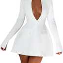 LuFeng Women's Long Sleeve Sexy Deep V Neck Zipper A-line Mini Dress Hollow Bodycon Night Out Party Dress (Large, White)
