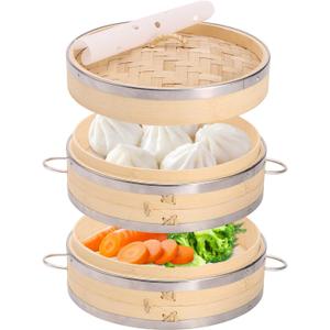Bamboo steamer basket set 8-inch, 2-tier dumpling steamer with side handles and 50pcs paper liners for buns, dim sum, dumplings, vegetables, and seafood.