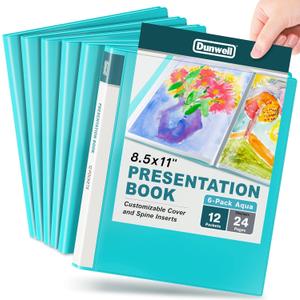 Dunwell Presentation Binder 12-Pocket, Displays 24 Pages, 8.5x11 Portfolio Binder with Plastic Sleeves, Storage and Organizer for Documents, Certificates, Projects, Photos (6 Pack, Aqua)