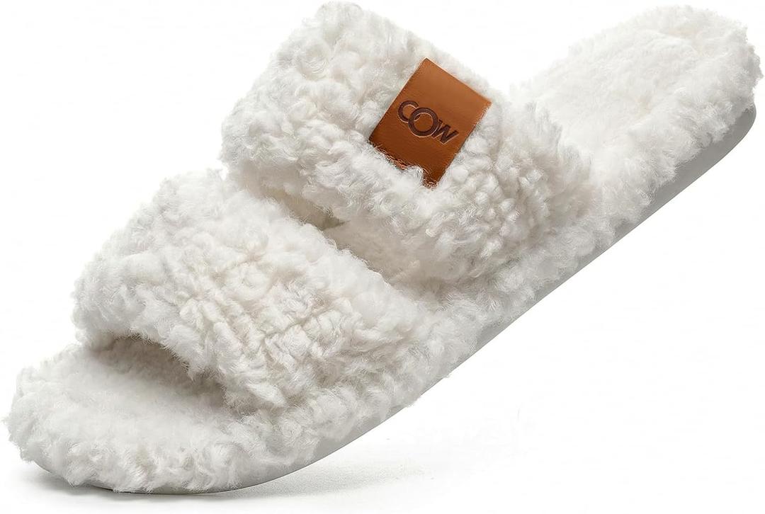 OOW Womens Slippers Open Toe Fuzzy Slippers for Women Cute Memory Foam House Slippers with Non-Slip Sole (9, White)