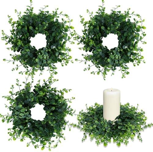 4 Pcs Candle Rings Wreaths 3 Inch Wedding Candle Rings Pillars Candle Wreath Kitchen Cabinet Wreaths Mini Green Boxwood Candle Wreath for Wedding Party Decor