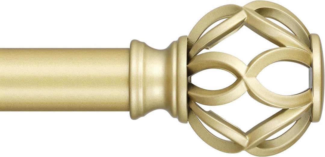 Curtain Rods for Windows 48 to 84 Inch, Gold Decorative 1 Inch Window Treatment Rods with Aluminum Twisted Cage Finials, Adjustable Heavy Duty Metal Farmhouse Drapery Pole, Easy Install