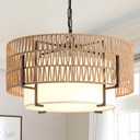 Boho Rattan Chandelier, 19.7" Rattan Pendant Light with Fabric Shade, 4-Light Farmhouse Ceiling Light Fixture Chandelier for Dining Room, Living Room, Bedroom, Kitchen Island, Foyer, Hallway, 19.7" V-shaped weaving
