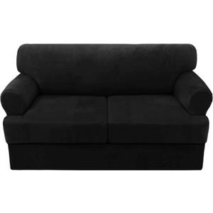 H.VERSAILTEX Sofa Cover 3 Piece T Cushion Loveseat Slipcovers Thick Velvet Couch Cover Furniture Protector Stretch T Cushion Sofa Covers for 2 Cushion Couch with 2 Individual T Cushion Covers, Black