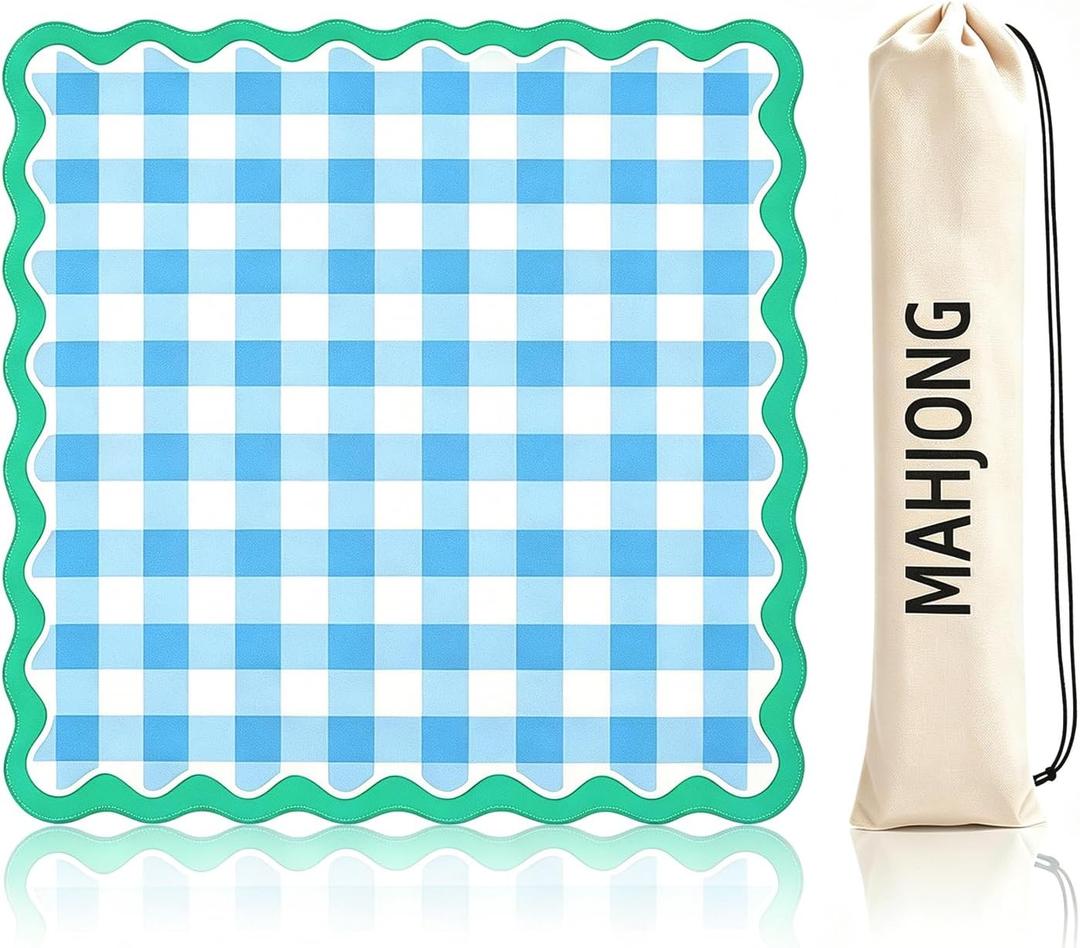 Mahjong Mat with Carrying Bag 31.5"x31.5" Blue Scalloped Mahjong Table Mat