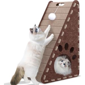 Cat Scratcher, Triangle Felt Cat Scratcher(Cat House), Vertical Integrated 3 in 1 Ramp Vertical Felt Cat Board(Brown Gray)