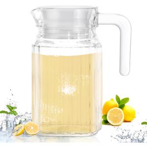 Gejoy 2 Pcs Glass Pitcher with Lid and Handle Fridge Pitcher with Spout Clear Glass Water Juice Containers small Milk Jug Jar Carafef or Lemonade Iced Tea Cocktails(16.75 oz,Stripe)