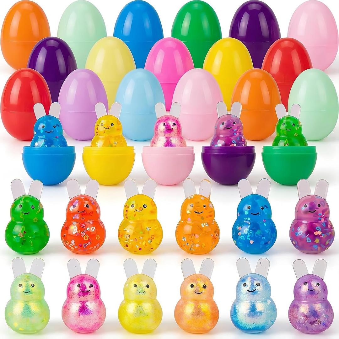 12 Pack Easter Bunny Squishy Squeeze Toys Stress Balls Toys with 12 PCS Plastic Easter Eggs for Kids Girls Boys Easter Basket Stuffers Party Favors Gifts